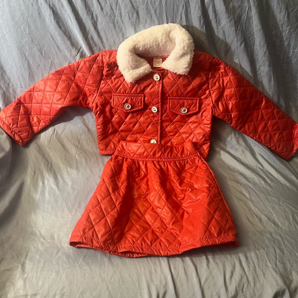 Red Quilted Jacket and Skirt Set with White Collar